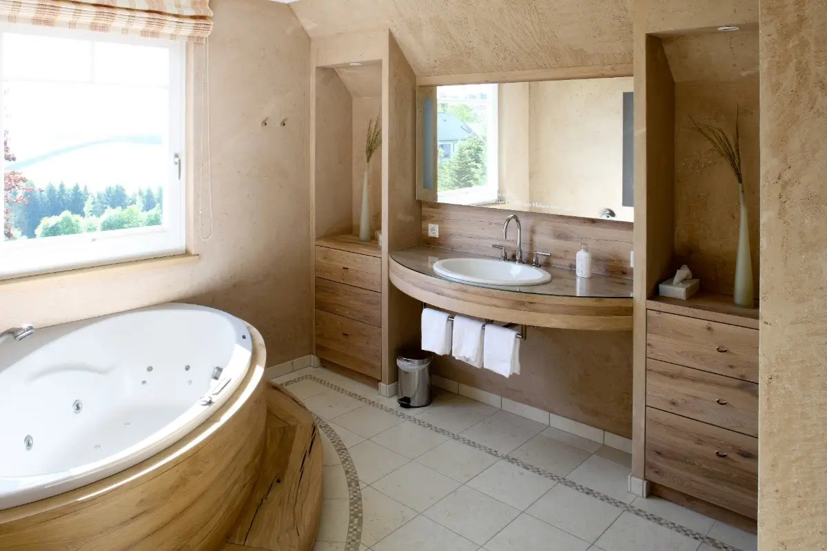 A bright bathroom demonstrating a key feng shui interior design to balance the room's energy and create a spa-like feel.