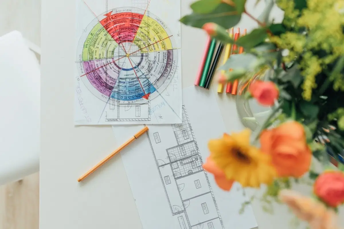 An organized desk with notes and a laptop, symbolizing the process of intentionally planning a home refresh using feng shui interior design principles.