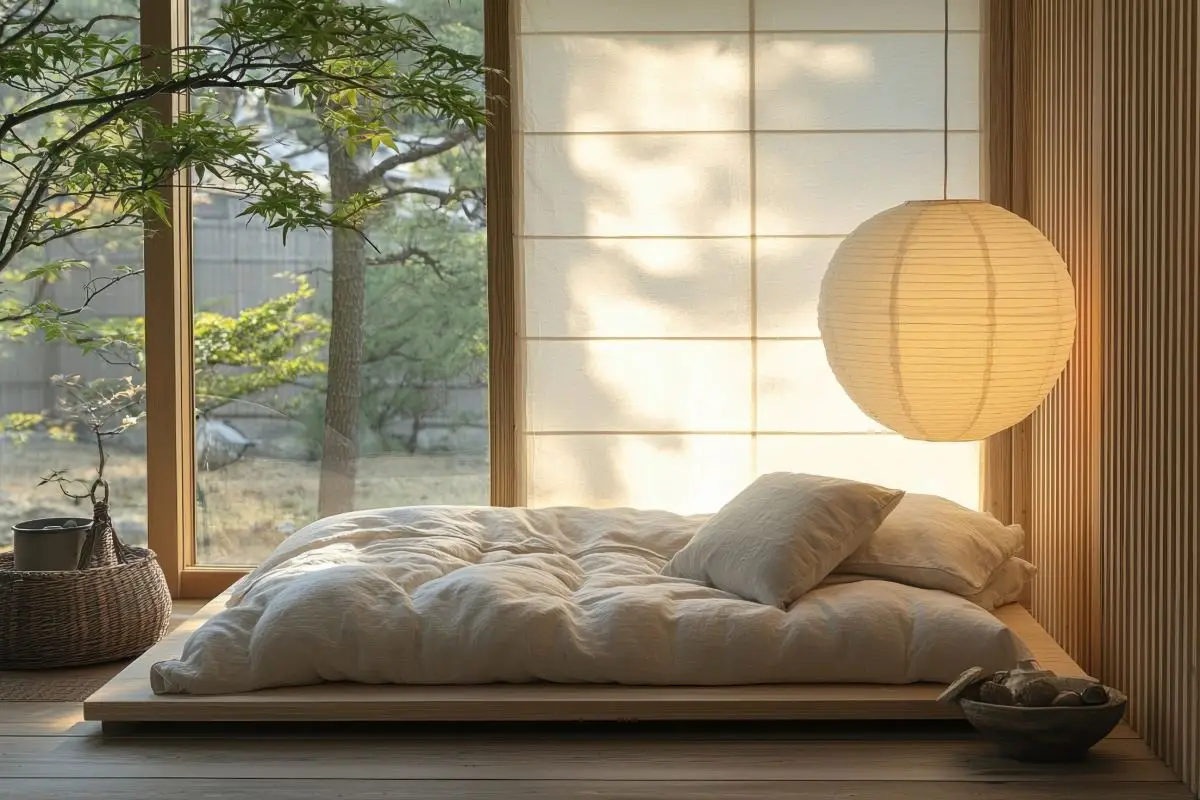 A minimalist Japanese bedroom showcasing low furniture, with a low-profile platform bed, simple bedding, and a paper pendant light creating a serene atmosphere.