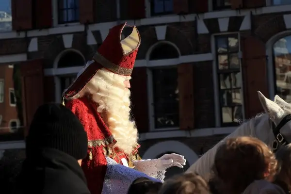 A person dressed as Sinterklaas (Saint Nicholas), a figure traditionally celebrated in the Netherlands and Belgium.