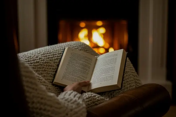 A person wrapped in a cozy knit blanket reading a book by the warm glow of a fireplace, a perfect activity for a hygge evening.