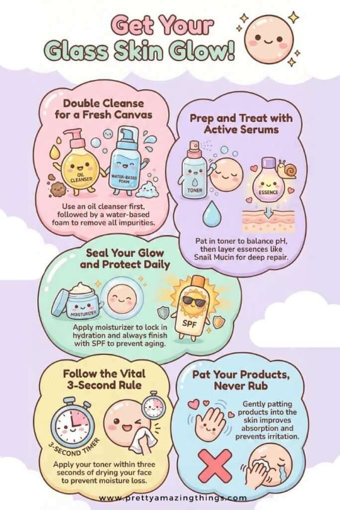 A detailed infographic titled 'The Ultimate Guide to Korean Glass Skin'. It breaks the routine into Phase 1: The Clean Slate (double cleansing), Phase 2: Prep & Treat (toner and serums), and Phase 3: Seal & Protect (moisturizer and SPF). It also lists essential tools like Snail Mucin Essence, Jade Roller & Gua Sha, and Exfoliating Mitts, plus expert tips like the 3-Second Rule and patting products instead of rubbing.