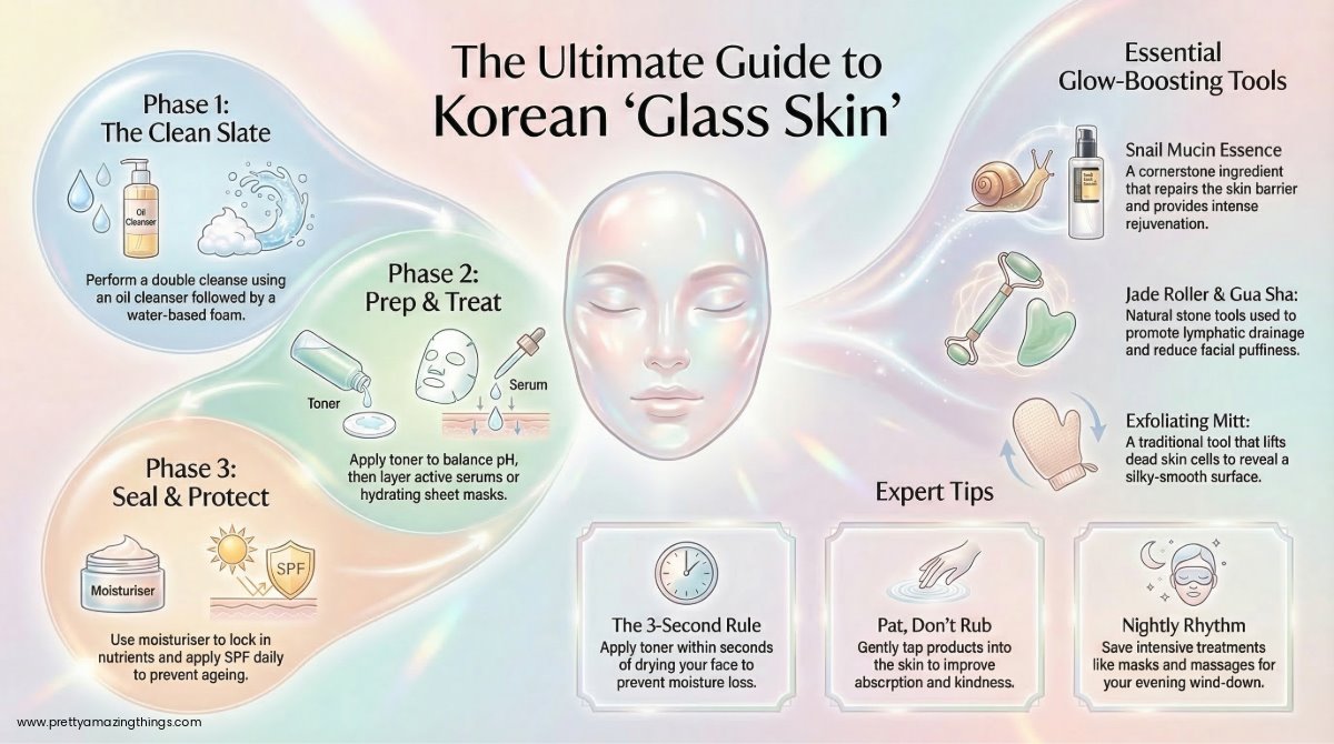 A detailed infographic titled 'The Ultimate Guide to Korean Glass Skin'. It breaks the routine into Phase 1: The Clean Slate (double cleansing), Phase 2: Prep & Treat (toner and serums), and Phase 3: Seal & Protect (moisturizer and SPF). It also lists essential tools like Snail Mucin Essence, Jade Roller & Gua Sha, and Exfoliating Mitts, plus expert tips like the 3-Second Rule and patting products instead of rubbing.