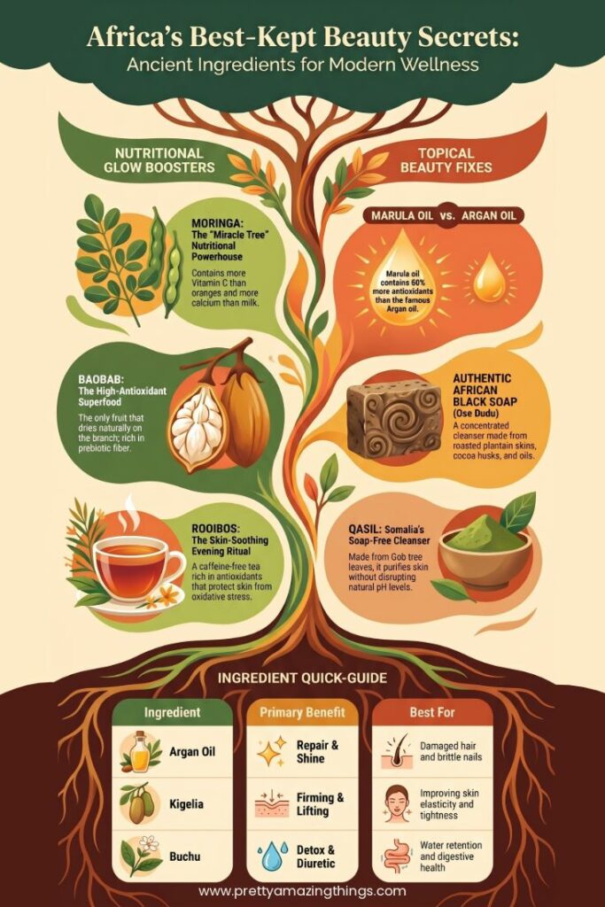 An infographic titled 'Africa's Best-Kept Beauty Secrets: Ancient Ingredients for Modern Wellness'. A central tree design highlights nutritional boosters like Moringa, Baobab, and Rooibos on the left, and topical fixes like Marula Oil, African Black Soap, and Qasil on the right. The roots feature a quick guide for Argan Oil, Kigelia, and Buchu.