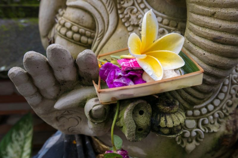 Religious offering in Genesh statue hand in Bali holding a traditional Balinese offering with a white frangipani flower.